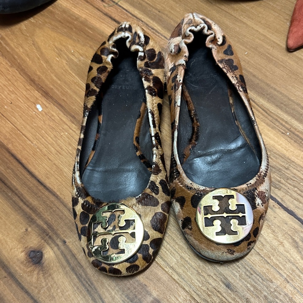 Tory Burch Animal Print Flats with Gold Accents